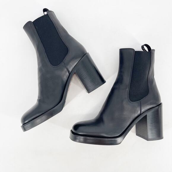 Prada Black Leather Square Toe Block Heel Platform Chelsea Ankle Boot IT 37.5 - Picture 4 of 13